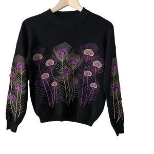 Vintage 90's Y2K Women's Embroidered‎ Floral Stretch Knit Top Sweater SZ S
